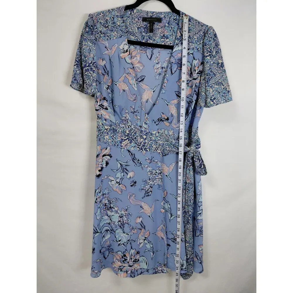 Bcbgmaxazria Blue Floral V-Neck Short Sleeve Wrap Dress Women Size S